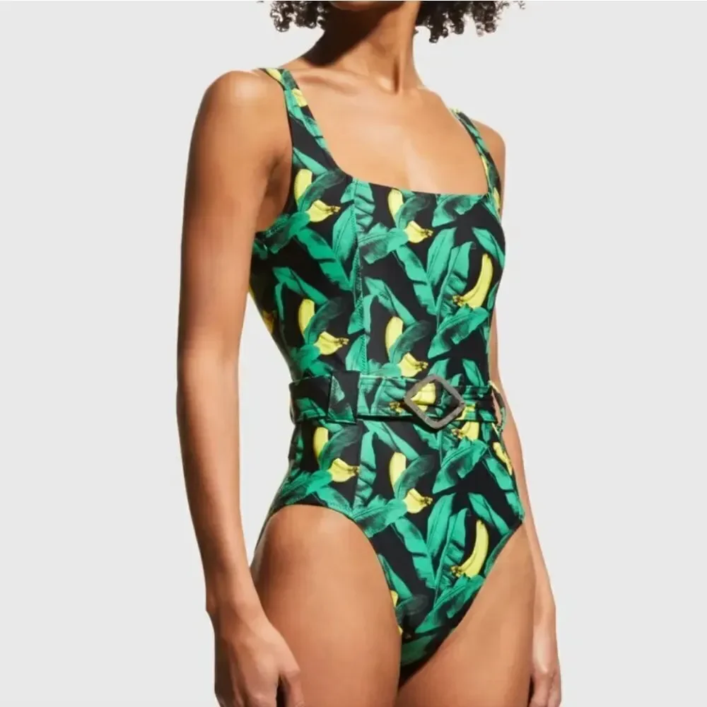 Ganni Women's Green Banana Tree-Print Recycled Belted One-Piece Swimsuit Size 52